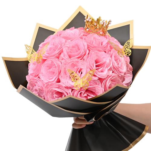 Waipfaru Glitter Roses Bouquet DIY Fake Flowers Bouquet Birthday Gifts for Women Mom 24 Pcs Pink Rose for Grandma Wife Girlfriend Valentines Mothers Day Anniversary Graduation - Image 1