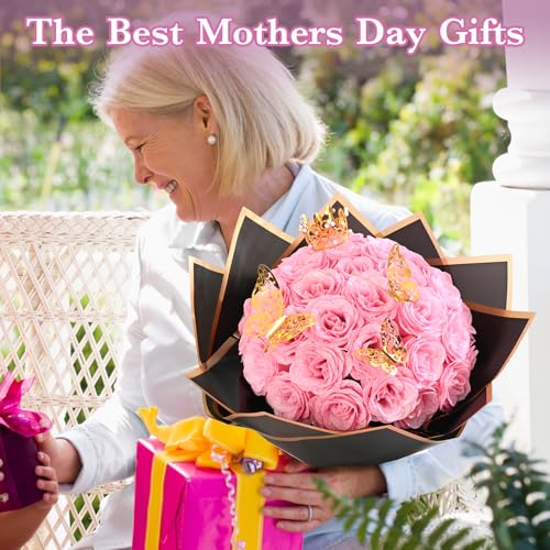 Waipfaru Glitter Roses Bouquet DIY Fake Flowers Bouquet Birthday Gifts for Women Mom 24 Pcs Pink Rose for Grandma Wife Girlfriend Valentines Mothers Day Anniversary Graduation - Image 3