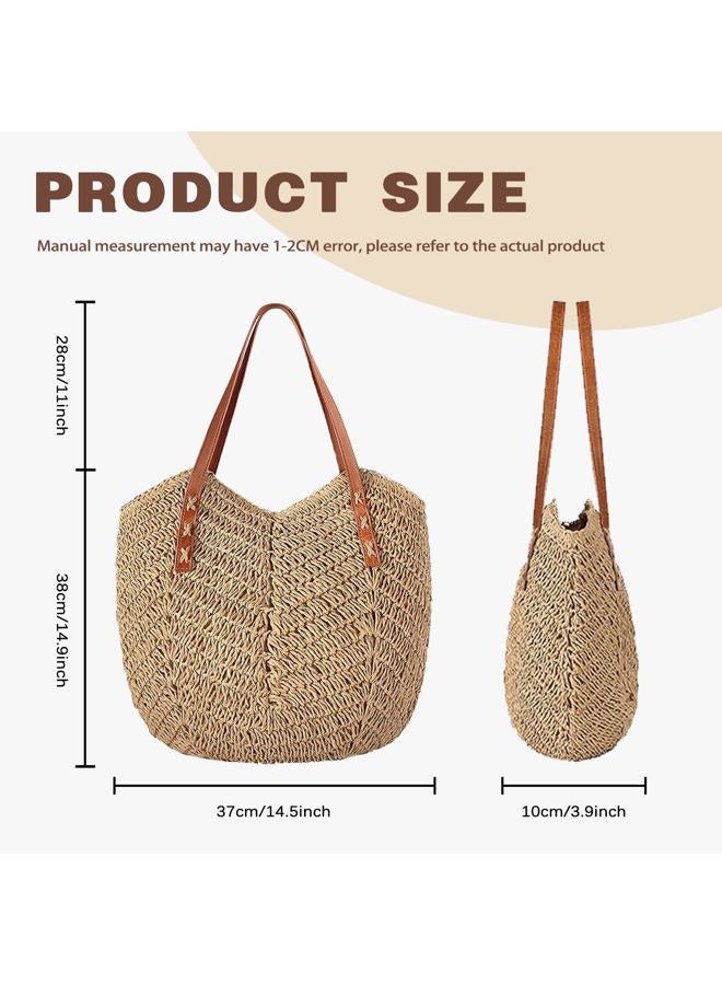Straw Bag For Women Straw Totes Beach Bags Summer Woven Handmade Shoulder Bag Purse Buckets Totes Handbag, Khaki, One size - Image 3