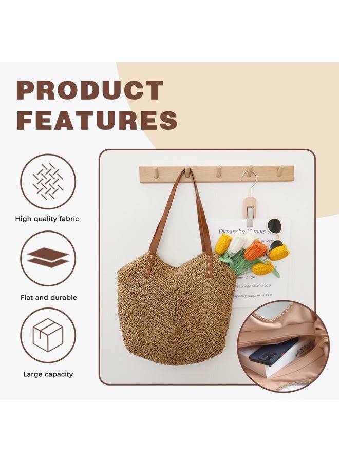 Straw Bag For Women Straw Totes Beach Bags Summer Woven Handmade Shoulder Bag Purse Buckets Totes Handbag, Khaki, One size - Image 5