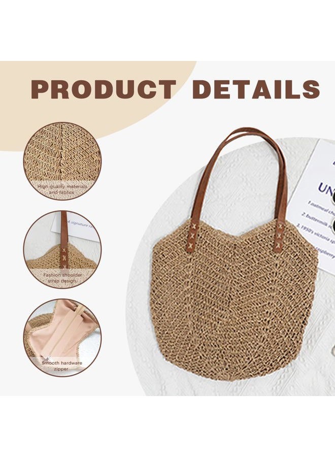 Straw Bag For Women Straw Totes Beach Bags Summer Woven Handmade Shoulder Bag Purse Buckets Totes Handbag, Khaki, One size - Image 4