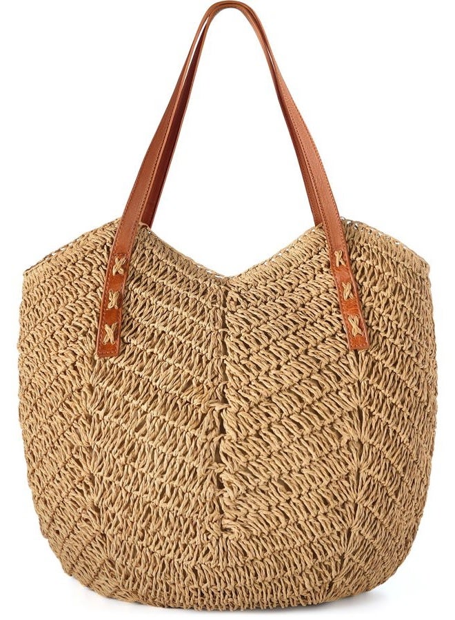 Straw Bag For Women Straw Totes Beach Bags Summer Woven Handmade Shoulder Bag Purse Buckets Totes Handbag, Khaki, One size - Image 1