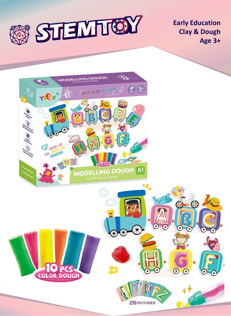 STEMTOY DIY Alphabet Playdough Set Play Dough Molds Tools with 10 Colors Clay, 26 Letter Molds, Interactive Train Theme, Early Education Tool for Color & Letter Learning, Fine Motor Skill Development, Reusable Safe Clay for Kids Boys Girls 3+ - Image 1