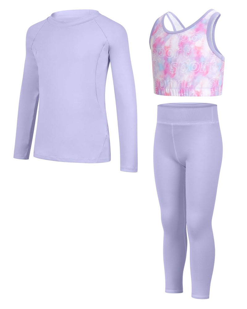 JiAmy Girls Yoga Leggings Girls Athletic Leggings Training Bras Set Kids Gym Crop Tank Top Activewear set for 9-10 Years Purple - Image 1