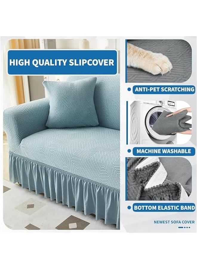 HOOKOR Sofa Cover with Skirt, Stretch Sofa Slipcover Spandex Non-Slip Soft Couch Covers, Washable Furniture Protector with Anti-Skid Foam and Thick Elastic Cord for Kids (Haze Blue, 4 Seater) - Image 2