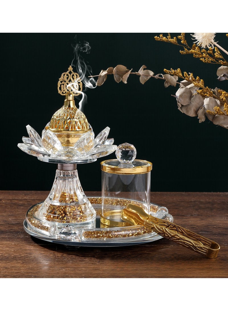 طقم مبخرة فحم، مبخرة عود، مبخرة فحم، مجموعة كريستالية - 3 قطع، طقم مبخرة مطلية بالذهب الفاخر - Image 1