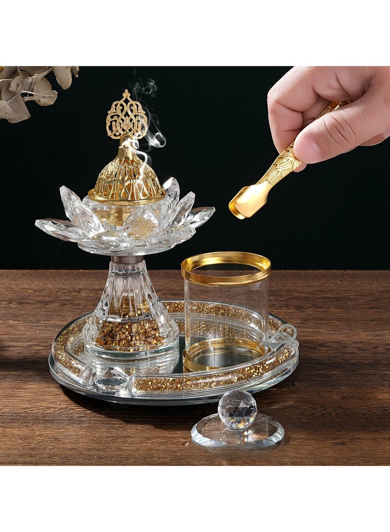 طقم مبخرة فحم، مبخرة عود، مبخرة فحم، مجموعة كريستالية - 3 قطع، طقم مبخرة مطلية بالذهب الفاخر - Image 3