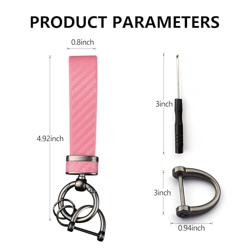 Turcee Carbon Fiber Car Keychain,Automotive Interior Accessories Keychains Leather Car Key Fob,Car Accessories Key Ring&Anti-Lost D-Ring(light pink) - Image 2