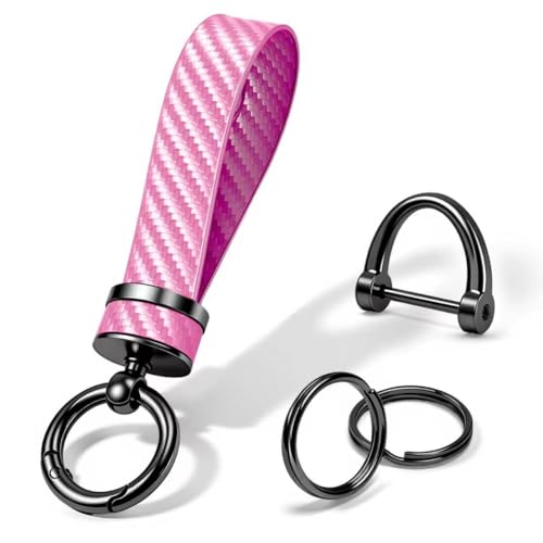 Turcee Carbon Fiber Car Keychain,Automotive Interior Accessories Keychains Leather Car Key Fob,Car Accessories Key Ring&Anti-Lost D-Ring(light pink) - Image 1