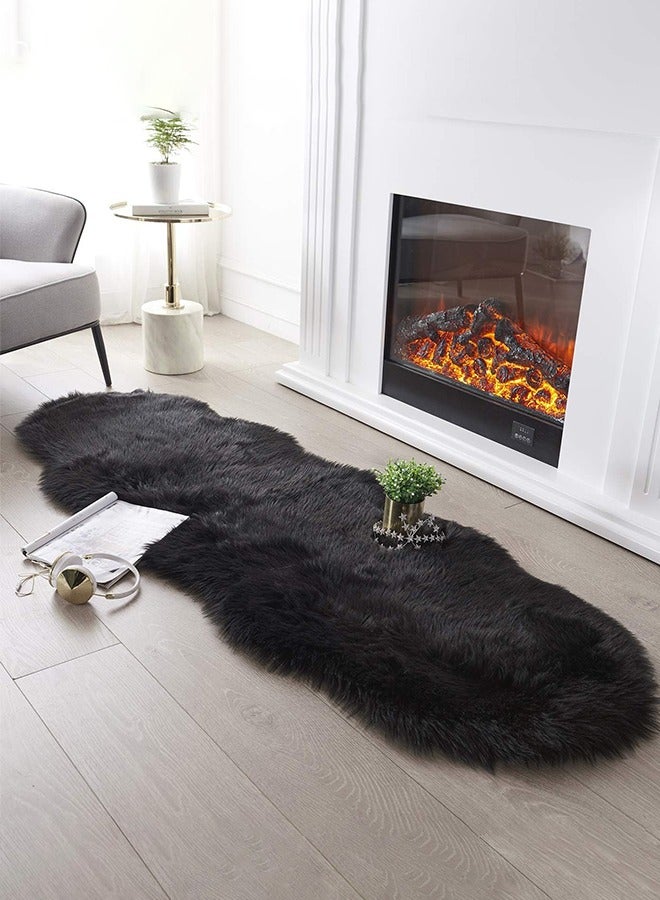 Bukela Area Rug 60×180 Cm，Ultra Soft Fluffy Faux Sheepskin Fur Couch Cover Seat Cushion Furry Carpet Beside Rugs for Bedroom Floor Sofa Living Room Runner（Black） - Image 2