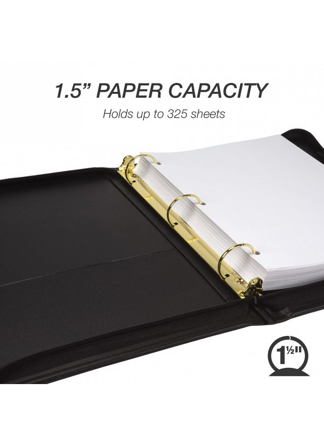 Samsill - Samsill Classic Professional Binder, 3 Ring Binder with 1.5 Inch Brass Round Rings and Zipper Closure, Portfolio Binder, Brass Corner Accents, Black - Image 1