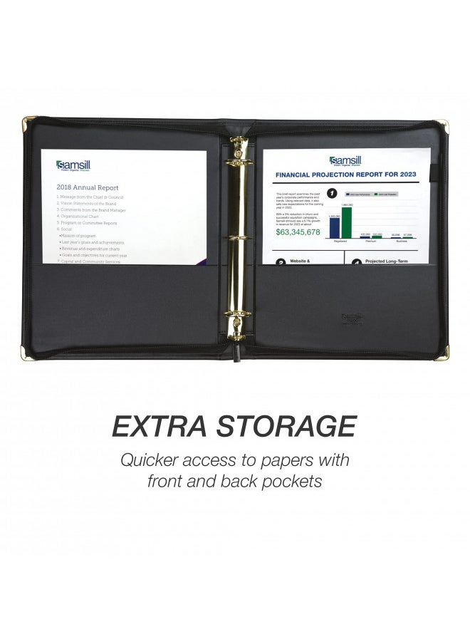 Samsill - Samsill Classic Professional Binder, 3 Ring Binder with 1.5 Inch Brass Round Rings and Zipper Closure, Portfolio Binder, Brass Corner Accents, Black - Image 1