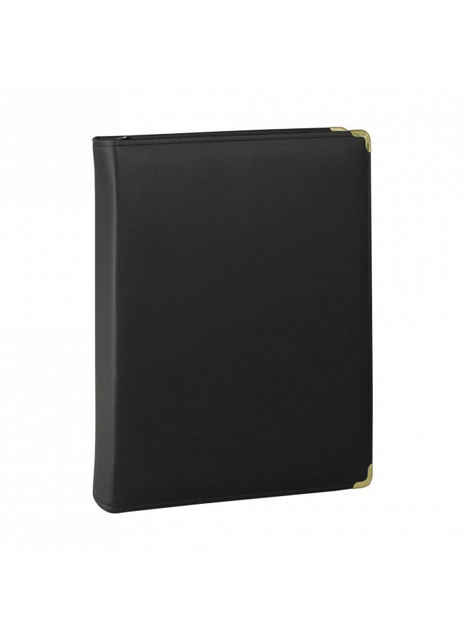 Samsill - Samsill Classic Professional Binder, 3 Ring Binder with 1.5 Inch Brass Round Rings and Zipper Closure, Portfolio Binder, Brass Corner Accents, Black - Image 1