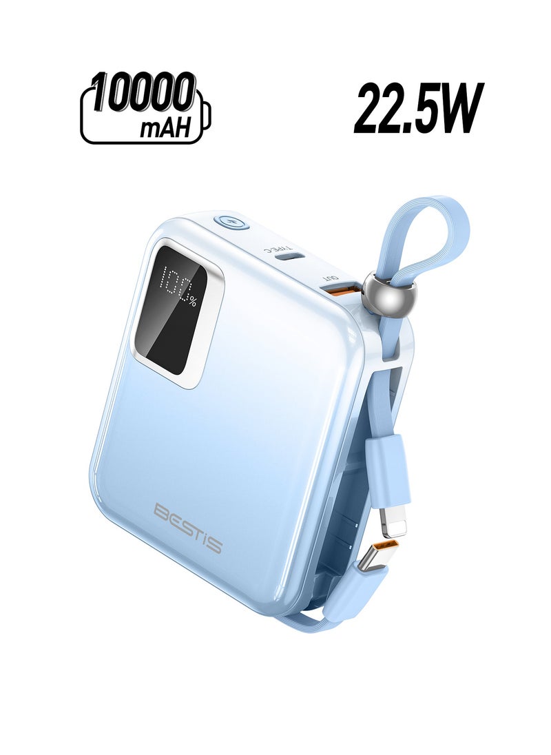 BESTIS - 10000mAh Mini Power Bank with Built-in Double Cables, PD22.5W Fast Charging Portable Charger,Quick Charge Devices Blue - Image 1