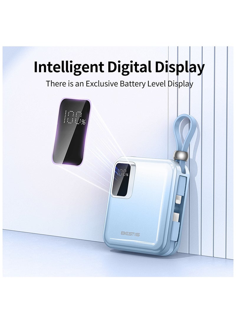 BESTIS - 10000mAh Mini Power Bank with Built-in Double Cables, PD22.5W Fast Charging Portable Charger,Quick Charge Devices Blue - Image 1