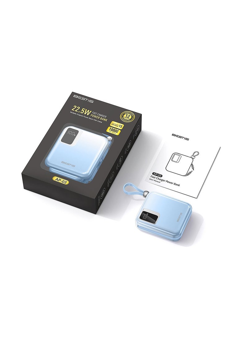 BESTIS - 10000mAh Mini Power Bank with Built-in Double Cables, PD22.5W Fast Charging Portable Charger,Quick Charge Devices Blue - Image 1