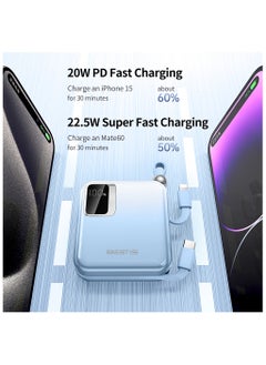 BESTIS 10000mAh Mini Power Bank with Built-in Double Cables, PD22.5W Fast Charging Portable Charger,Quick Charge Devices Blue  - Image 5