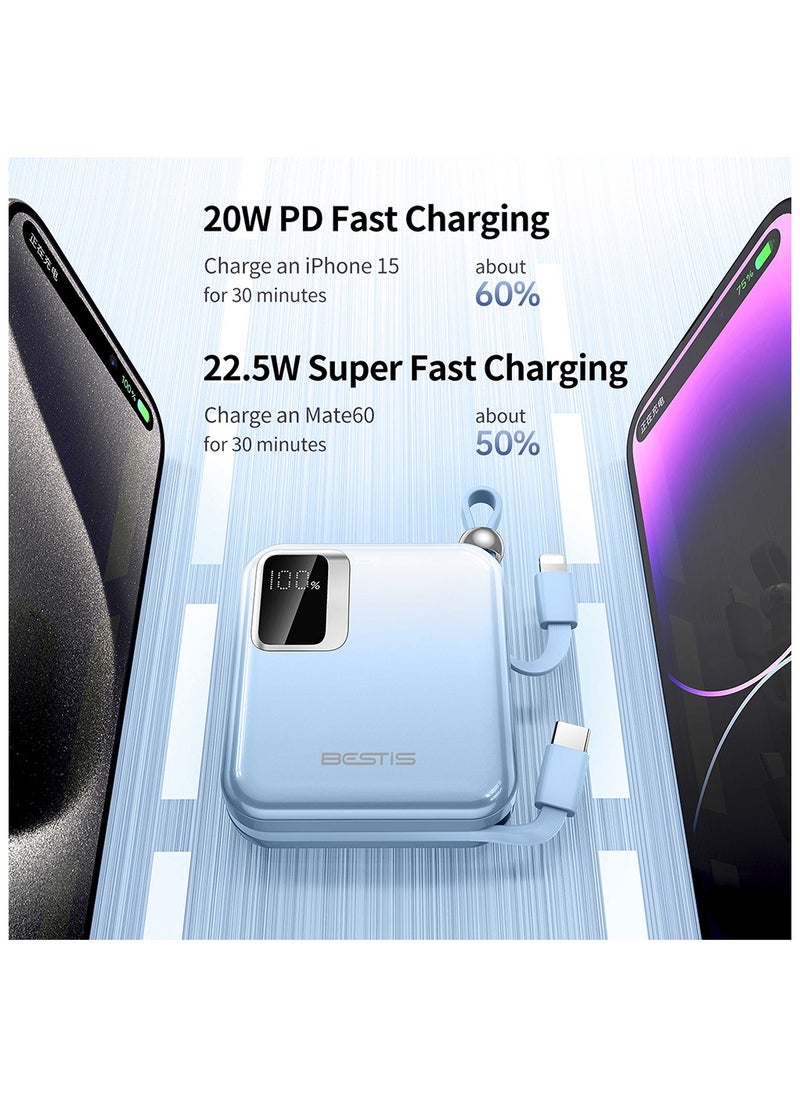 BESTIS - 10000mAh Mini Power Bank with Built-in Double Cables, PD22.5W Fast Charging Portable Charger,Quick Charge Devices Blue - Image 1