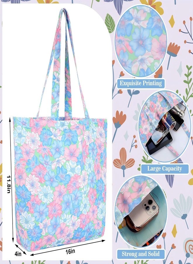 SilTriangle 8 Pcs Floral Canvas Tote Bags Bulk Cute Reusable Tote Grocery Floral Cloth Handbags Aesthetic Flower Shopping Shoulder Bags for Women Summer Gifts - Image 4