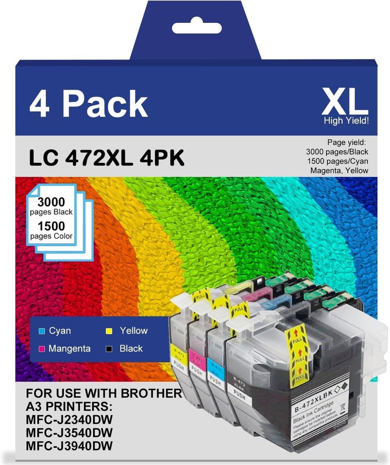 بريتمور خرطوشة حبر عالية السعة LC472XL متوافقة مع خراطيش Brother LC472XL LC-472 لطابعات Brother MFC-J2340DW MFC-J3540DW MFC-J3940DW، عبوة من 4 قطع (أسود، سماوي، أرجواني، أصفر) - Image 1