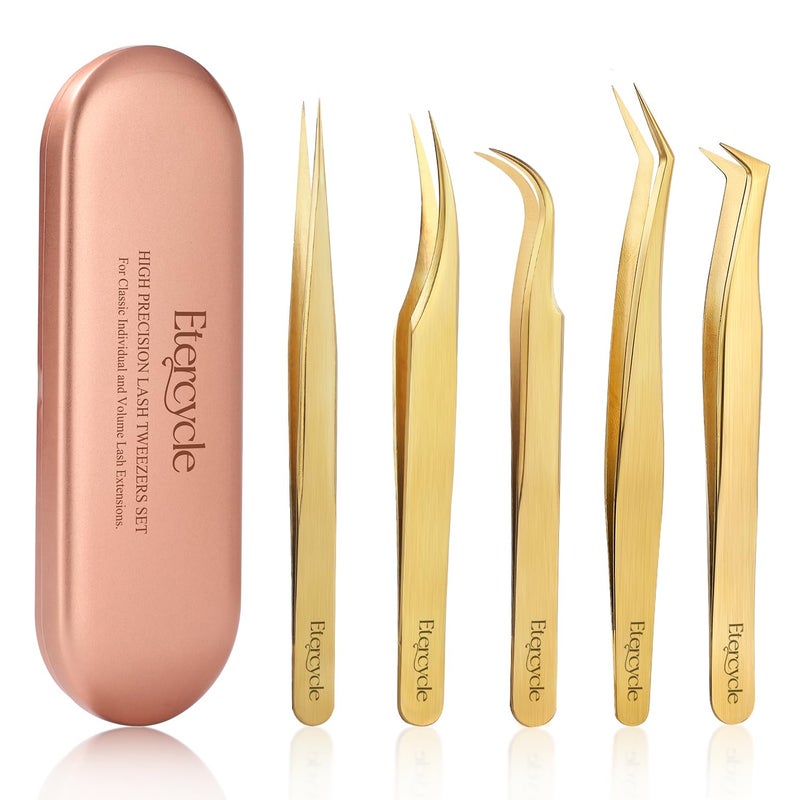 Etercycle High Precision Lash Tweezers Set - Includes 5 Stainless Steel Eyelash Tweezers for Classic Individual and Volume Lash Extensions. Complete with Storage Box - Image 1