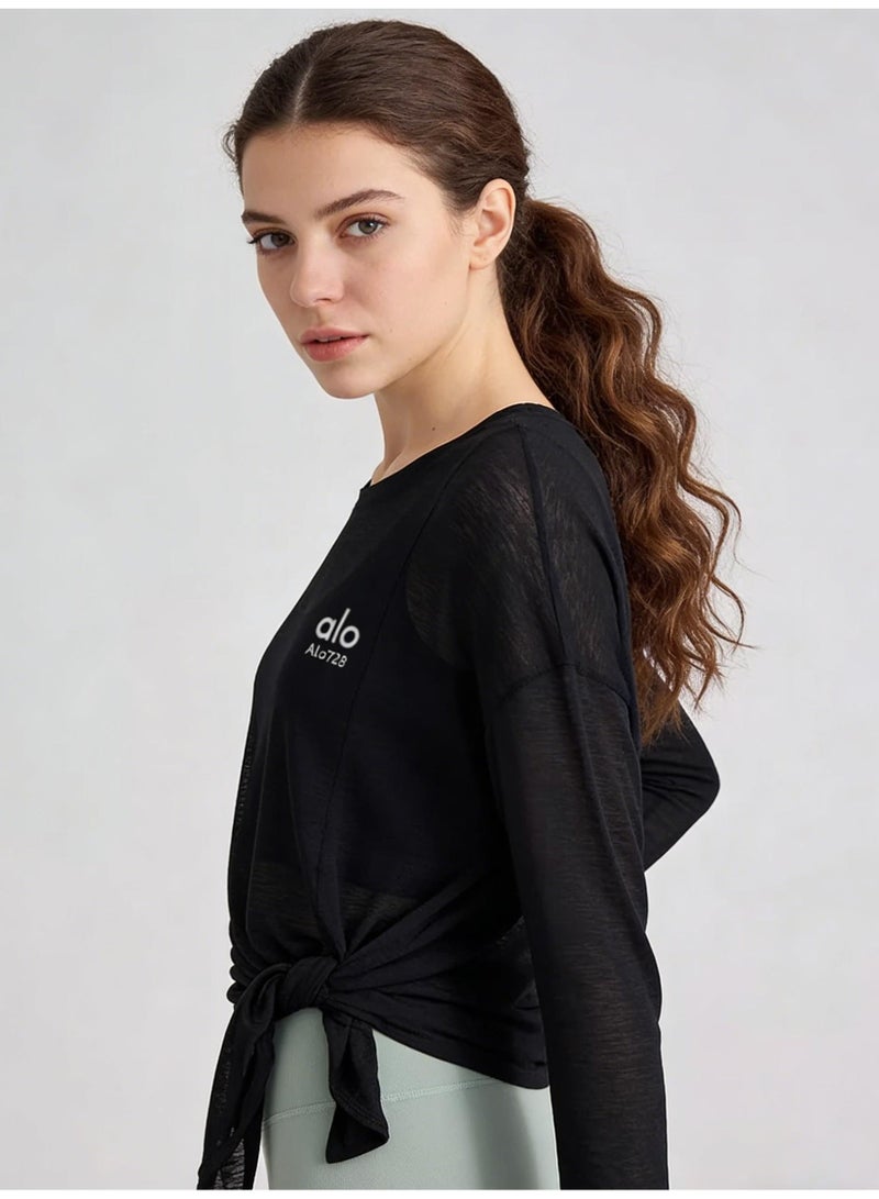 ALo728 Black Sheer Long-Sleeve Top - Tie-Waist Design, Breathable Mesh Fabric, Minimalist Brand Logo, Versatile Activewear for Yoga & Daily Casual Styling - Image 3