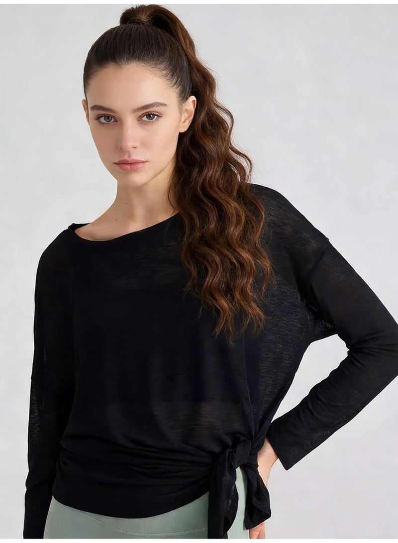 ALo728 Black Sheer Long-Sleeve Top - Tie-Waist Design, Breathable Mesh Fabric, Minimalist Brand Logo, Versatile Activewear for Yoga & Daily Casual Styling - Image 2