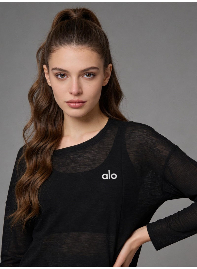 ALo728 Black Sheer Long-Sleeve Top - Tie-Waist Design, Breathable Mesh Fabric, Minimalist Brand Logo, Versatile Activewear for Yoga & Daily Casual Styling - Image 4