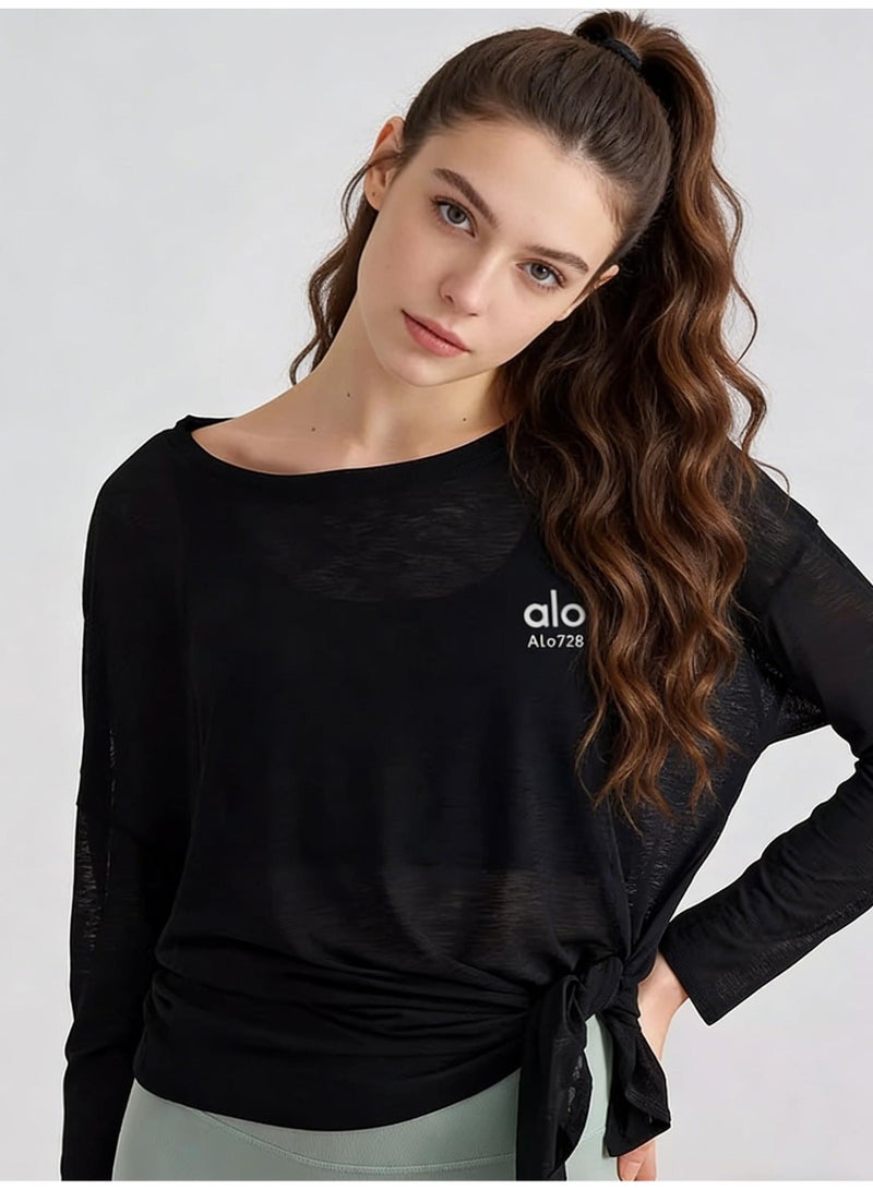 ALo728 Black Sheer Long-Sleeve Top - Tie-Waist Design, Breathable Mesh Fabric, Minimalist Brand Logo, Versatile Activewear for Yoga & Daily Casual Styling - Image 1