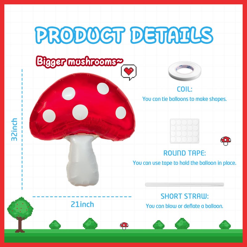 KHC-KHF 6PCS Large-Mushroom-Balloons Super Red Mushroom Balloons Red Foil Video Game Mushrooms Balloon Birthday Party Decorations for Boys Girls Party Supply - Image 3