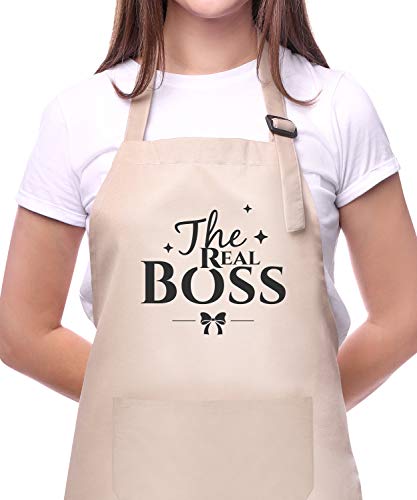 Genrics Couple Aprons for Cooking-The Boss The Real Boss Apron Set Funny Adjustable Baking Aprons His and Her Engagement Anniversary Wedding Valentines Day Bridal Shower Gift - Image 3
