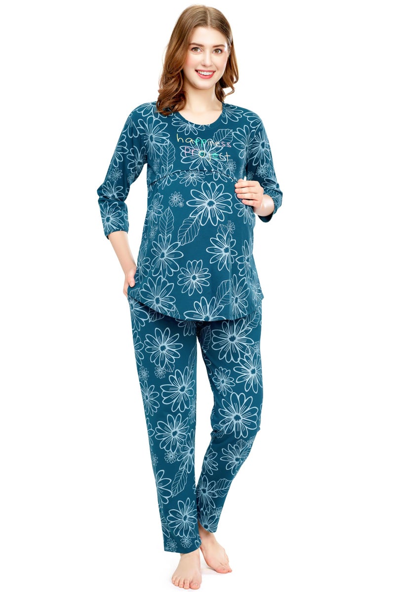 ZEYO Women's Cotton Floral Printed Teal Blue Nursing & Maternity Night Suit Set of Top & Pyjama Feeding Night Dress 5803 - Image 1
