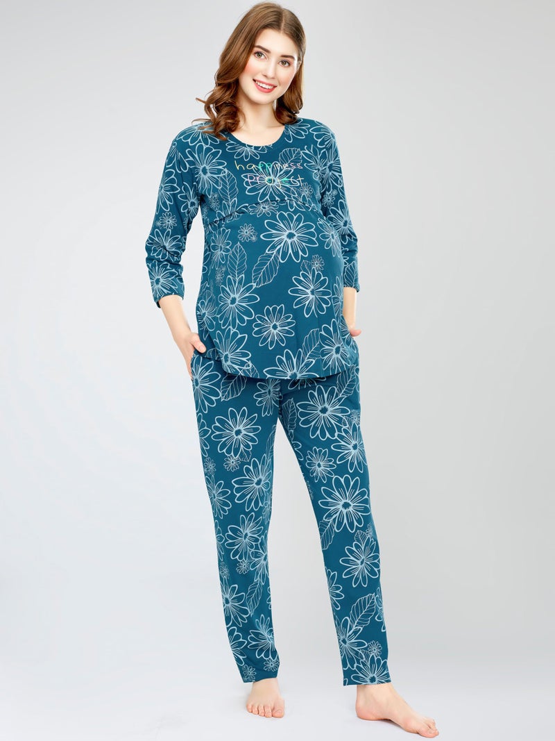 ZEYO Women's Cotton Floral Printed Teal Blue Nursing & Maternity Night Suit Set of Top & Pyjama Feeding Night Dress 5803 - Image 4