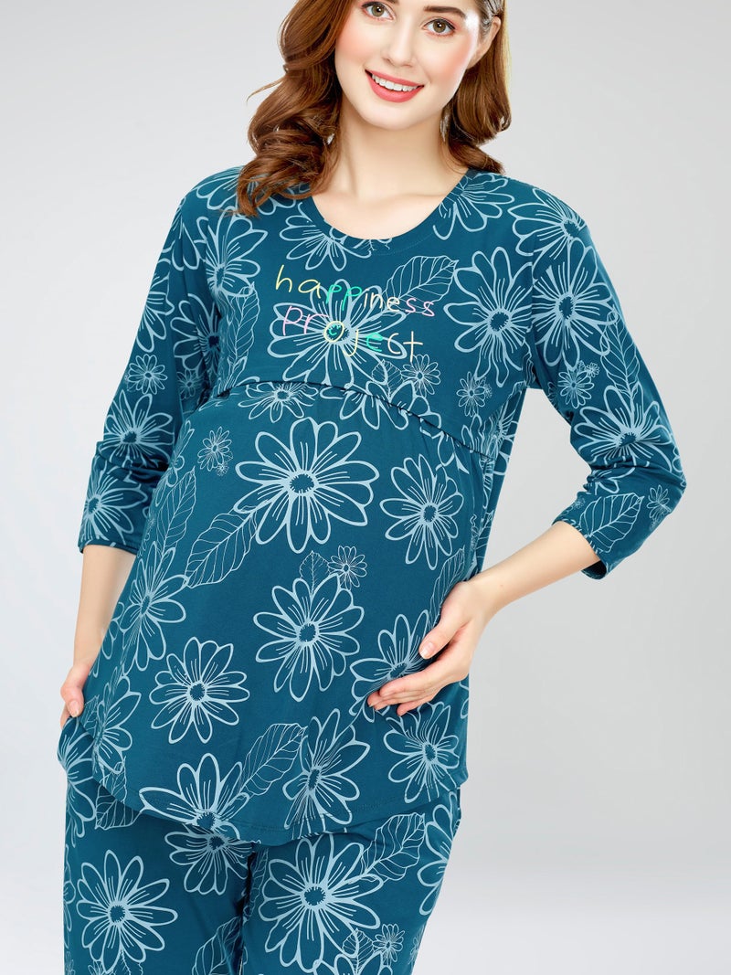 ZEYO Women's Cotton Floral Printed Teal Blue Nursing & Maternity Night Suit Set of Top & Pyjama Feeding Night Dress 5803 - Image 2