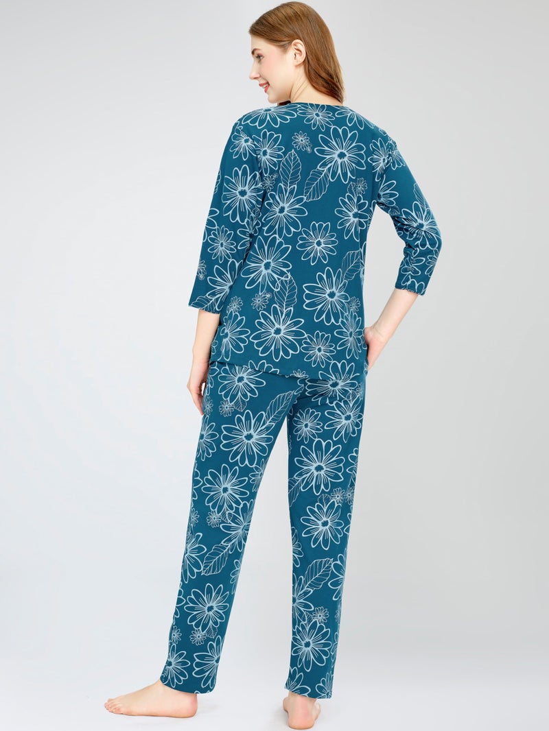 ZEYO Women's Cotton Floral Printed Teal Blue Nursing & Maternity Night Suit Set of Top & Pyjama Feeding Night Dress 5803 - Image 5