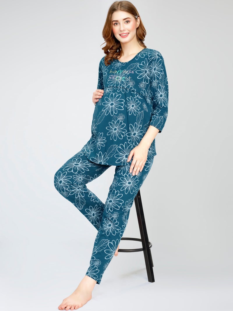ZEYO Women's Cotton Floral Printed Teal Blue Nursing & Maternity Night Suit Set of Top & Pyjama Feeding Night Dress 5803 - Image 3
