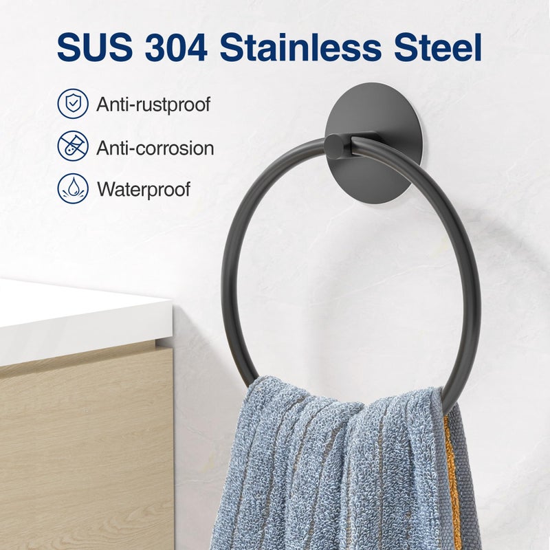 susswiff Matte Black Bathroom Towel Ring - SUS304 Stainless Steel Bathroom Towel Rack, Susswiff Adhesive Wall Mounted Hand Towels Holder, Towel Hanger for Bathroom Organizer, Kitchen Storage - Image 4
