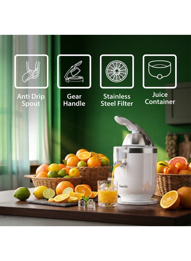 Saachi Citrus Juicer NL-CJ-4072-WH, 450W Powerful Motor, Automatic Citrus Squeezer with Stainless Steel Filter, Anti-Drip Spout, 2 Press Cones for Orange & Lemon Juice, White 200 W NL-CJ-4072-WH White - Image 3