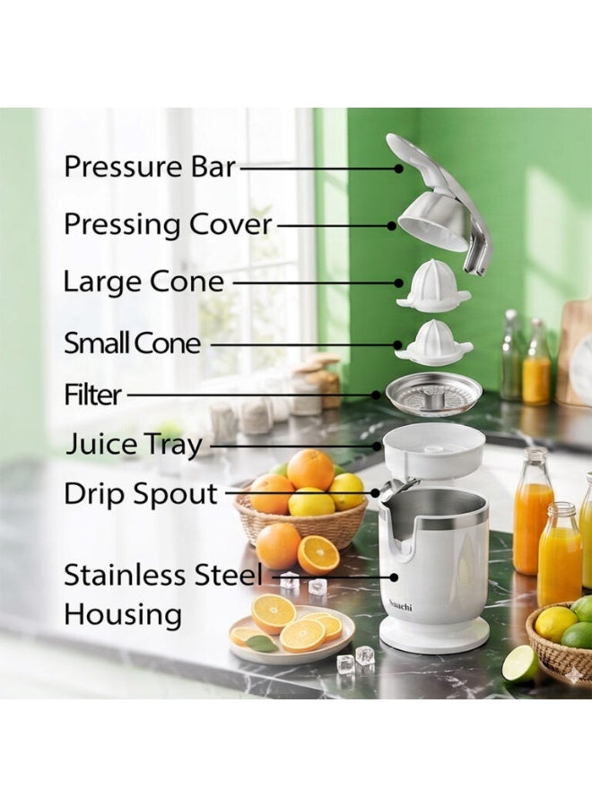 Saachi Citrus Juicer NL-CJ-4072-WH, 450W Powerful Motor, Automatic Citrus Squeezer with Stainless Steel Filter, Anti-Drip Spout, 2 Press Cones for Orange & Lemon Juice, White 200 W NL-CJ-4072-WH White - Image 4