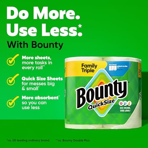 Bounty Quick-Size Paper Towels, White, 8 Family Triple Rolls = 27 Regular Rolls - Image 2