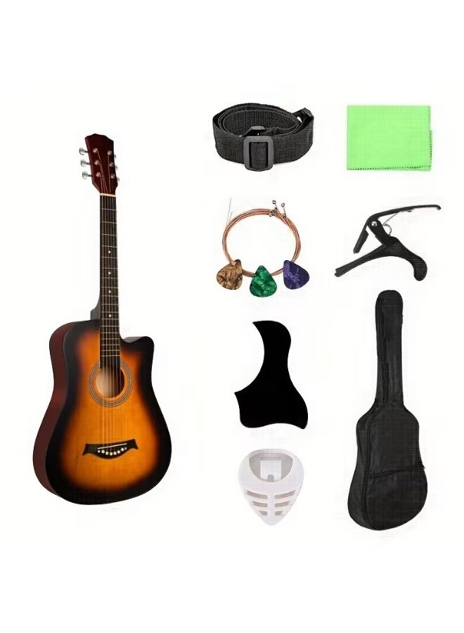 Megarya طقم بدء تشغيل جيتار أكوستيك للمبتدئين 38 بوصة يتضمن حقيبة ظهر، كابو، حزام قابل للتعديل، ريش، أوتار، قطعة قماش للتنظيف، ووسادة لحماية الخدوش (شمسية) - Image 1
