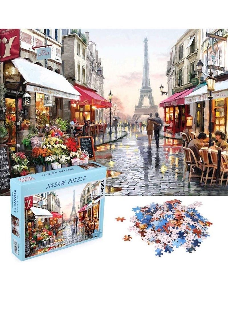Jigsaw 1000 Piece Adult, Flower Shop Landscape Puzzle Under the Eiffel Tower, Game for Family Play Toy Gift - Image 1