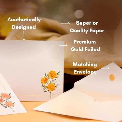 Be Stories Marigold One Side Print Blank Greeting Note Cards With Envelopes 130 GSM With Gold Foil & Sticker Seals For Birthday, Diwali, Chirtsmas, Thanksgiving - 5.50 x 3.50 inches, Pack of 5 - Image 2