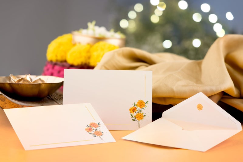 Be Stories Marigold One Side Print Blank Greeting Note Cards With Envelopes 130 GSM With Gold Foil & Sticker Seals For Birthday, Diwali, Chirtsmas, Thanksgiving - 5.50 x 3.50 inches, Pack of 5 - Image 1