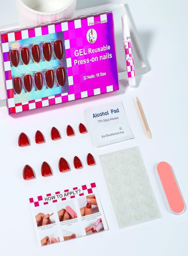OIFEN 16 Sizes Extra Short Gel Press on Nails Almond Burgundy Red Reusable 32pcs Glossy Fake Nails with Glue and Jelly Stickers,Cranberry Cordial - Image 2