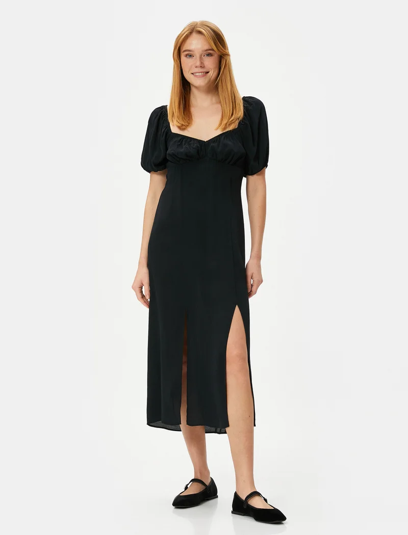 كوتون Viscose Slit Detail Puff Sleeve Midi Dress