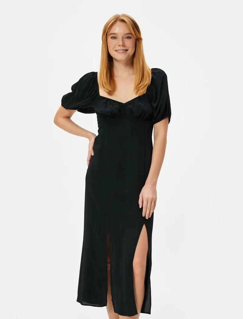 كوتون Viscose Slit Detail Puff Sleeve Midi Dress