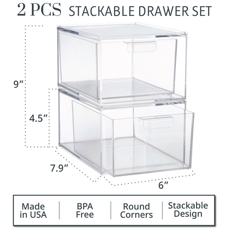 STORi Audrey Stackable Clear Bin Plastic Organizer Drawers | 2 Piece Set | Organize Cosmetics and Beauty Supplies on a Vanity | Made in USA - Image 2