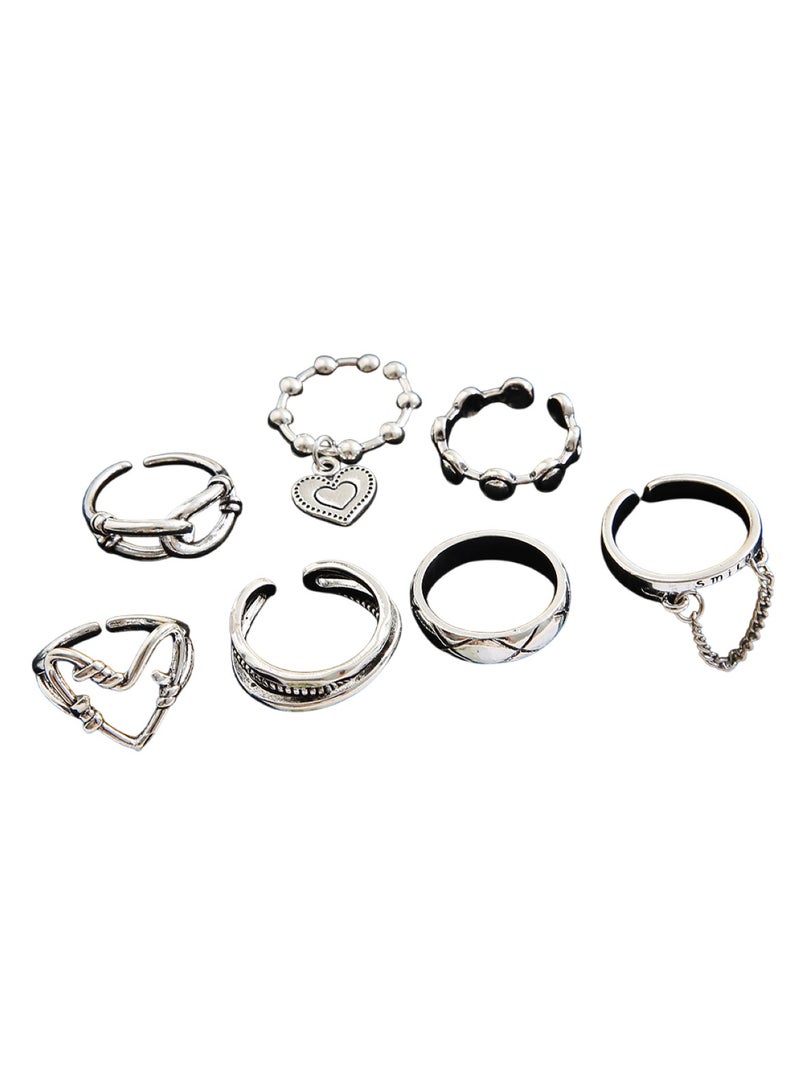 Huitich 7 Pcs Vintage Silver Adjustable Ring Set Bohemian Style  - Image 1