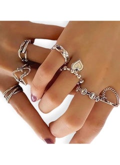 Huitich 7 Pcs Vintage Silver Adjustable Ring Set Bohemian Style  - Image 2